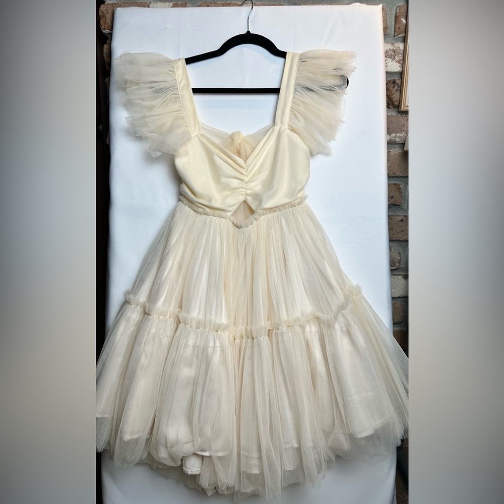 Mable Ivory Sheer Mini Dress Lined With Cut Out Detail and Back Bow - Size Small